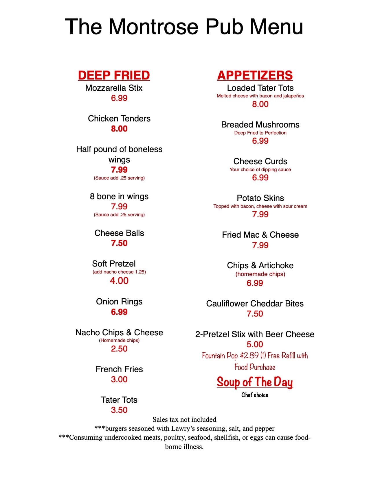 Menu | Montrose Pub